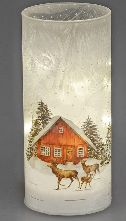 LED Tischlampe WINTERZEIT mit Haus und Hirschen H. 16cm Weiß Formano W24